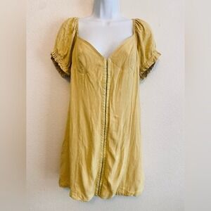 Womens Yellow Babydoll Cottagecore‎ Puff Sleeve Linen Mini Dress L Spring Easter